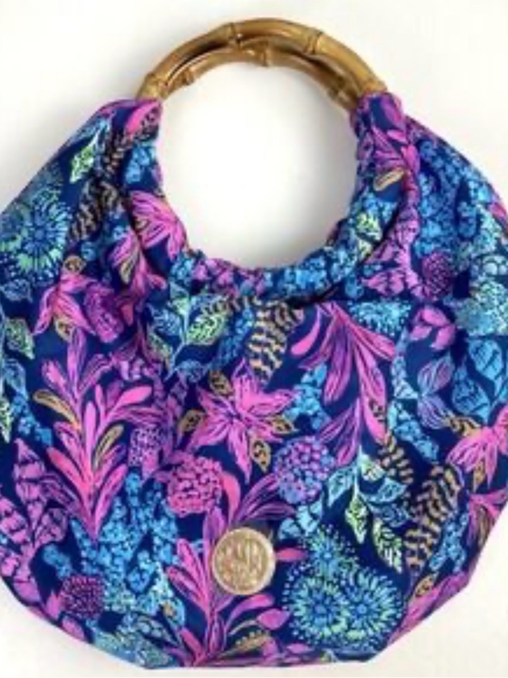 Lilly Pulitzer Bamboo Bag  featuring a prominent natural bamboo handle. NWT!